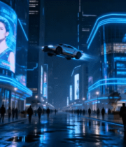 来城市街道夜景与飞行汽车4724#横屏 