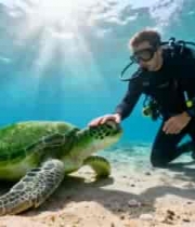  潜水员海底与海龟互动1559#横屏 	 -