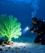  潜水员海底观察珊瑚礁画面1899#横屏 	 