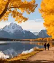  秋日湖畔两人漫步自然风光2269#横屏 	 -