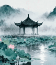 水墨山水荷花中的古亭景观3087#横屏 