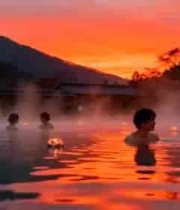  情侣在温泉池赏日落1413#横屏 	 