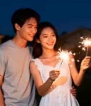  情侣夜晚手持仙女棒亲密画面2464#横屏 	 