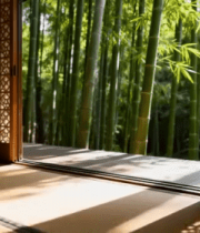 室内透过门窗看竹林景致4338#横屏 