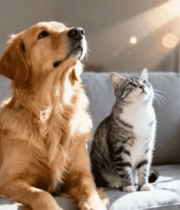 室内沙发上猫咪与狗狗同框1260#横屏 