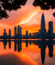 深圳城市黄昏天际线湖景3933#横屏 