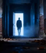  男子走向破旧走廊尽头光亮处582#横屏 	 