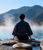  男子坐温泉边远眺山峦1058#横屏 	 -