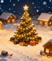 圣诞雪景中的小屋与圣诞树350#横屏 