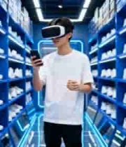  男子在鞋店使用设备体验23#横屏 	 