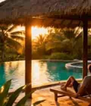  男子泳池畔躺椅休憩场景2467#横屏 	 - 