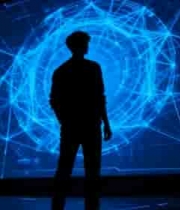  男子站立于科技感蓝色背景前565#横屏 	 -