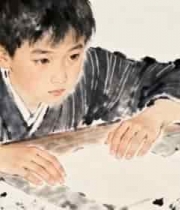  男孩专注书写毛笔字1340#横屏 	 -