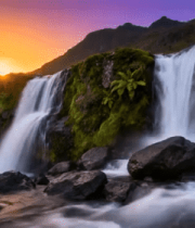 山间瀑布日落自然风光414#横屏 