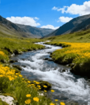 山间溪流与黄花草地风景433#横屏 