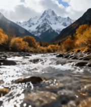 山间溪流与秋色雪山景观3645#横屏 