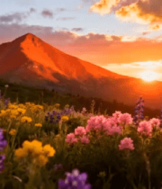 山间日落时分的花草与远山5248#横屏 