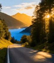 山间树林公路日落风景1125#横屏 