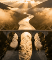 山谷河流桥梁日出风光3348#横屏 