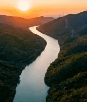 山间河流与输电线路日落景象2558#横屏 