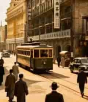  老上海街道行人与有轨电车634#横屏 	 