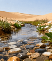 沙漠中的溪流与花卉景观4937#横屏 