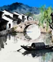  江南水乡古镇水墨风画面1747#横屏 	 
