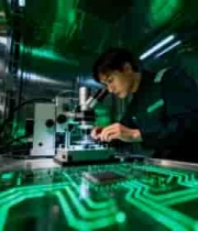  科研人员使用显微镜观察芯片2581#横屏 	 