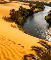 沙漠河流与棕榈树景观279#横屏 