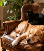 沙发上猫咪与金毛犬同框画面5146#横屏 