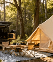 森林中汽车旁的露营场景1521#横屏 