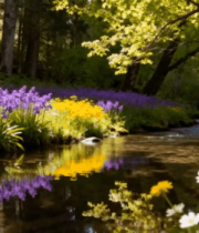 森林河流旁盛开的多彩花卉1270#横屏 