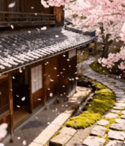 日式庭院樱花飘落场景5025#横屏 