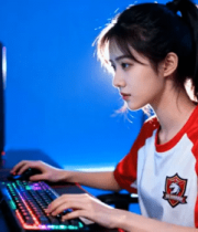 女生专注玩电脑游戏画面1471#横屏 