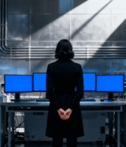 女性背对镜头站立于电脑前5405#横屏 