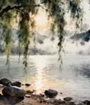  湖畔垂柳山水风景画面1762#横屏 	 