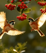 鸟儿啄食枝头红果画面1254#横屏 