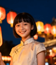 女孩手持灯笼站在古建前1430#横屏 