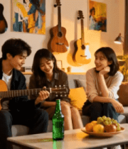 年轻人室内弹吉他聚会场景4421#横屏 