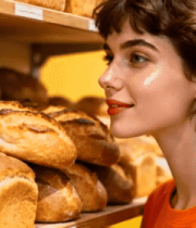 女孩在面包店挑选面包3764#横屏 