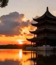  湖畔古建筑日落美景859#横屏 	 