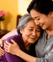 年轻女性与老人温馨相拥621#横屏 