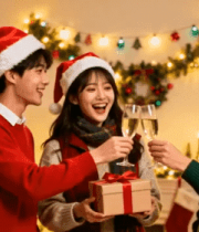 年轻人戴圣诞帽举杯庆祝画面251#横屏 