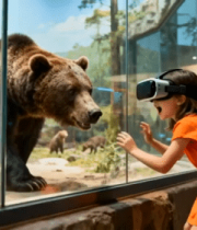 女孩在展馆戴体验与熊互动878#横屏 