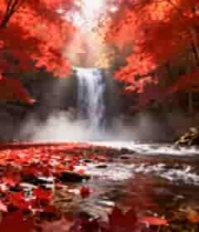  红叶森林中的瀑布溪流景观263#横屏 	 