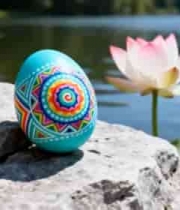  湖边石块上的彩绘蛋与荷花2332#横屏 	 