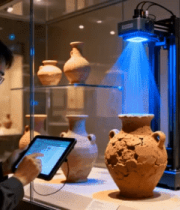 男子在博物馆操作平板扫描文物608#横屏 