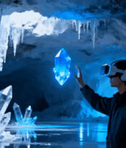 男子在冰洞内触摸发光水晶4100#横屏 