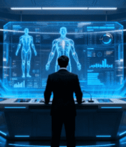 男子查看科幻风格人体数据界面4245#横屏 