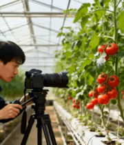 男子大棚内拍摄西红柿素材2822#横屏 